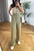 Venda Olive Beli Cırtcırtlı Esnek Palazzo Pantolon