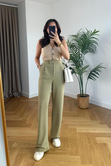 Venda Olive Beli Cırtcırtlı Esnek Palazzo Pantolon