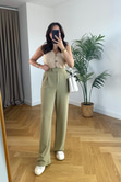 Venda Olive Beli Cırtcırtlı Esnek Palazzo Pantolon