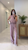 Persal Pudra Keten Bluz Pantolon Takım