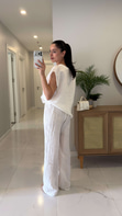 Ponse Beyaz Beli Bağlamalı Bluz Pantolon Takım