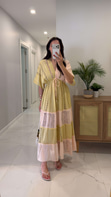 Rokle Pembe Sarı Desenli Elbise