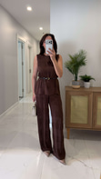 Roswe Kahve Kemerli Kolsuz Bluz Pantolon Takım