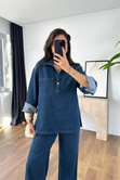 Sarena Lacivert Kapak Cep Detaylı Denim İkili Takım