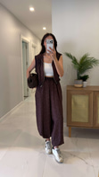 Selay Kahve Kopüşonlu Yelek Pantolon Takım