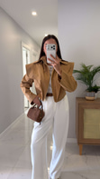 Sidose Camel Vatkalı Fermuarlı Crop Ceket