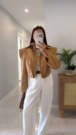 Sidose Camel Vatkalı Fermuarlı Crop Ceket