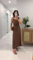 Silda Kahve Askılı Keten Elbise