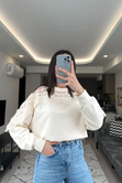 Cream Ekru Tül Detaylı Sweatshirt