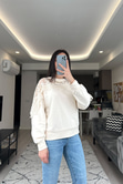 Cream Ekru Tül Detaylı Sweatshirt
