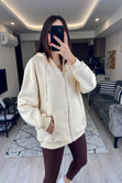 Krem Fermuarlı Kapüşonlu Sweatshirt