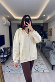 Krem Fermuarlı Kapüşonlu Sweatshirt