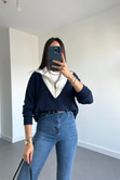 Lacivert Beyaz Fermuarlı Sweatshirt