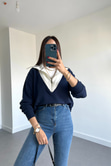 Lacivert Beyaz Fermuarlı Sweatshirt