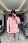 Pembe Fermuarlı Kapüşonlu Sweatshirt