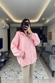 Pembe Fermuarlı Kapüşonlu Sweatshirt