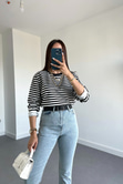 Peyu Siyah Beyaz Çizgili Basic Sweatshirt