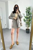 Kahverengi Pitikare Desenli Şort Etek Blazer Takım
