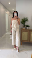 Tatiana Krem İşlemeli Askılı Bluz Pantolon Takım