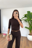 Timmy Acı Kahve Drape Detaylı Dik Yaka Bluz