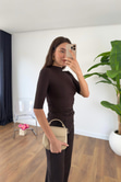 Timmy Acı Kahve Drape Detaylı Dik Yaka Bluz