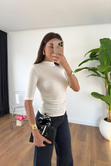 Timmy Ekru Drape Detaylı Dik Yaka Bluz