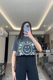 Antrasit Yıkamalı Smile Tişört