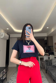 Lacivert Pembe Baskılı Tişört