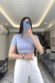 Lila Fitilli Crop Tişört