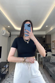 Siyah Fitilli Crop Tişört