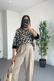 Ekru Siyah Kahve Leopar Desenli Triko