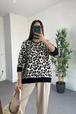 Ekru Siyah Kahve Leopar Desenli Triko