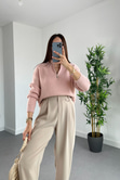 Fula Pudra Pembe Fermuarlı Triko