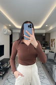Kahve Fermuarlı Polo Yaka Triko