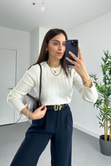 Kırık Beyaz Bisiklet Yaka Basic Triko