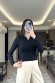 Siyah Fermuarlı Polo Yaka Triko