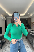Yeşil Fermuarlı Polo Yaka Triko