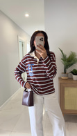Unna Bej Kahve Çizgili Polo Yaka Sweat