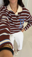 Unna Bej Kahve Çizgili Polo Yaka Sweat