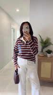 Unna Bej Kahve Çizgili Polo Yaka Sweat