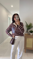 Unna Bej Kahve Çizgili Polo Yaka Sweat
