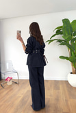 Venisa Dark Blue Asimetrik Yaka Kemerli Denim Takım