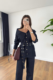 Venisa Dark Blue Asimetrik Yaka Kemerli Denim Takım