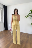 Wilda Sarı Kuşak Detaylı Bluz Pantolon Takım