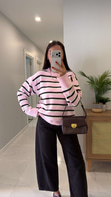 Wonel Pembe Ekru Çizgili Triko