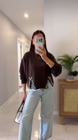 Yedla Kahve Taş Detaylı Uzun Kollu Sweat