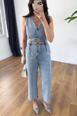 Yeska Buz Mavi Denim Kuşaklı Tulum