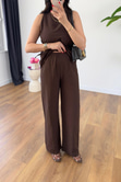 Yilaha Kahve Asimetrik İpli Bluz Pantolon Takım