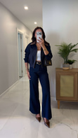 Zella Lacivert Deri Yaka Detaylı Denim Ceket Pantolon Takım