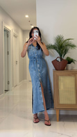 ZR Kalira Mavi Kolsuz Kuşaklı Denim Elbise